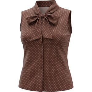 Ship N Shore Summer Women 16 Brown Dotted Sleeveless Bow Button Up Top sheer Vtg